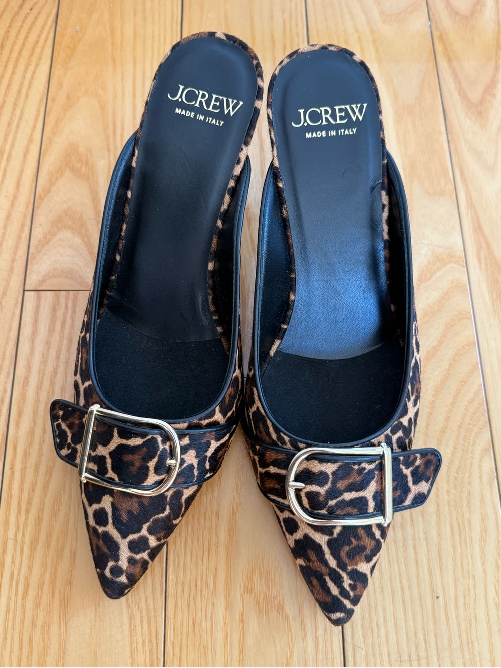 J.Crew Leopard-Print Pointed Mules with Gold Buckle